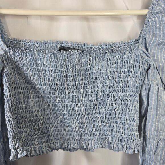 Reformation Maple Linen Blue Smocked Peasant Puff Sleeve Crop Blouse Size Large - Picture 4 of 8
